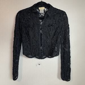 Vtg Cache M Crop Lace Mesh Long Sleeve Beaded Top Black dark romantic whimsigoth